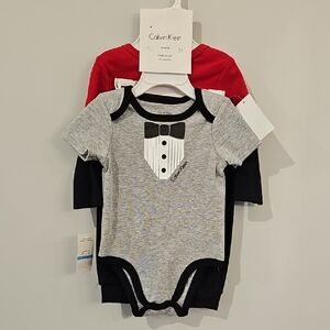 Calvin Klein Gray and Red Tuxedo Print Baby Onesie Set